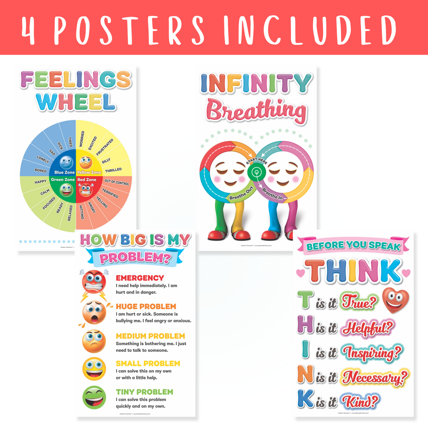 DeeDee's Workshop 4 Feelings Wheel Posters Set of 4 (11 x 17 inches)