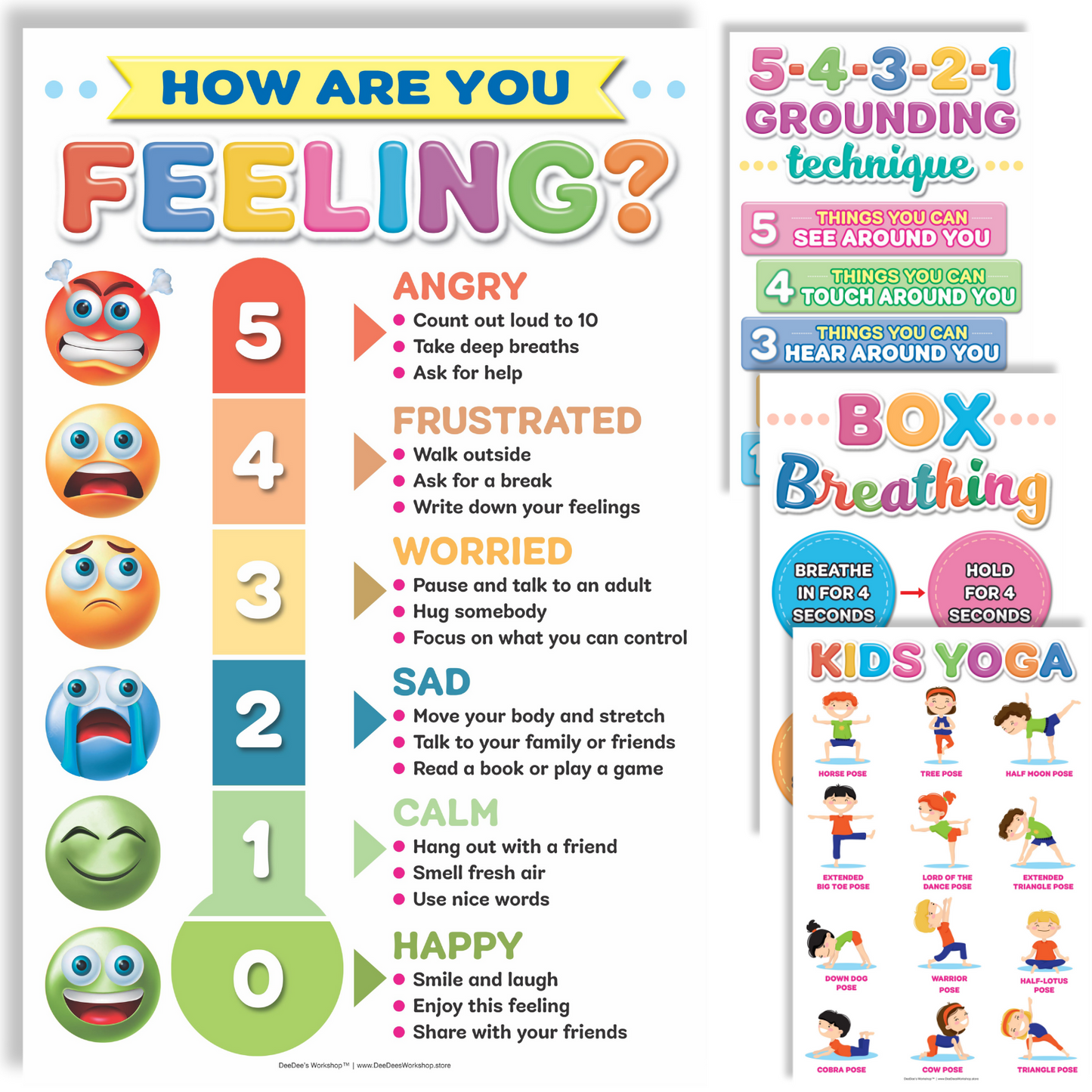 DeeDee's Workshop 4 Feelings Chart for Kids, Feelings Thermometer Poster, Feelings Posters, Emotions Poster, Calm Down Corner Poster, Autism Sensory Products, Set of 4 (11 x 17 inches)