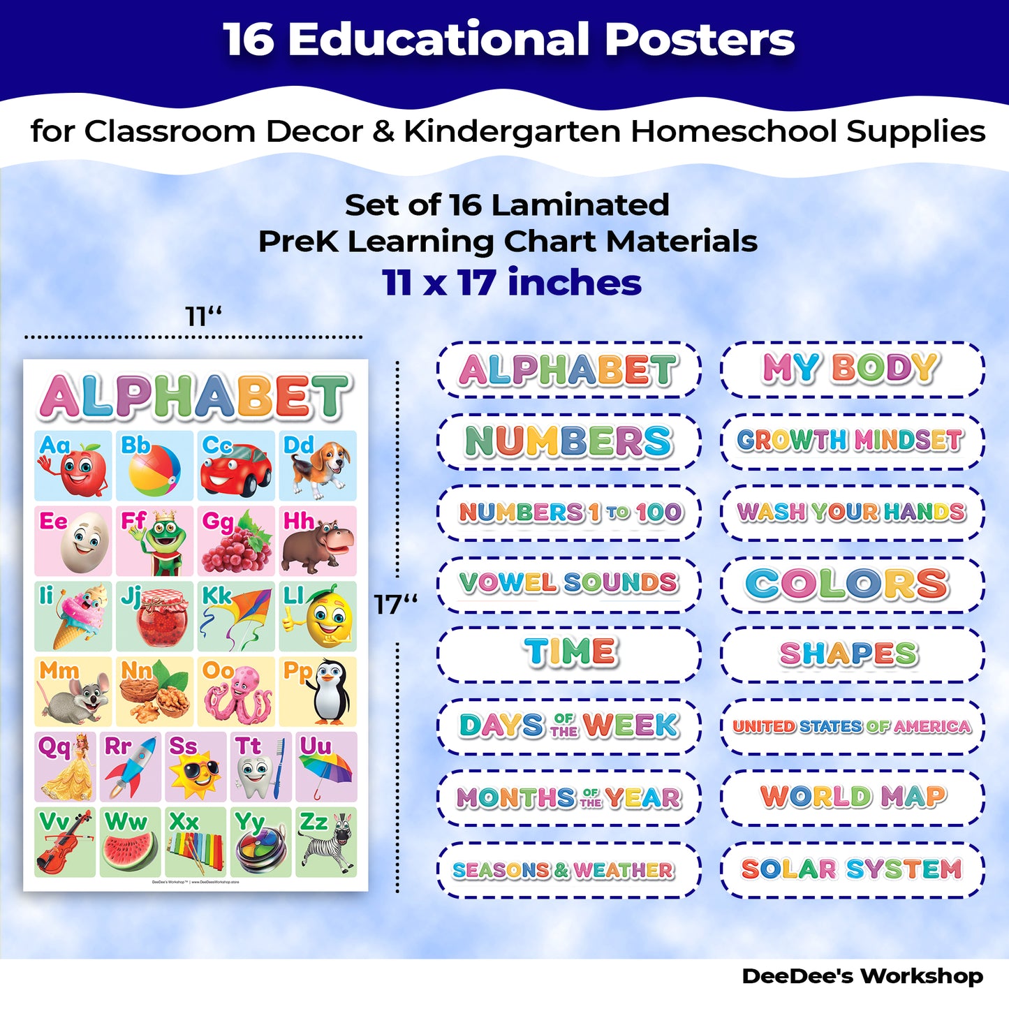 DeeDee's Workshop 16 Classroom Posters Elementary, Days of the Week Poster, Months Of The Year For Classroom, ABC Poster, Learning Wall, ESL Classroom Decorations, Set of 16 (11 x 17 inches)