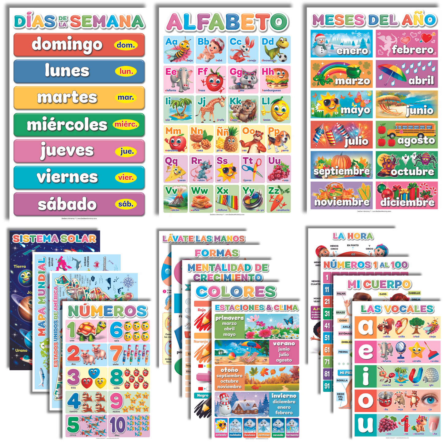 DeeDee's Workshop 16 Spanish Classroom Posters, Spanish Learning for Kids, Spanish Classroom Decorations, Abecedario para Niños en Español, Days of the Week Poster for Kids, Spanish Calendar