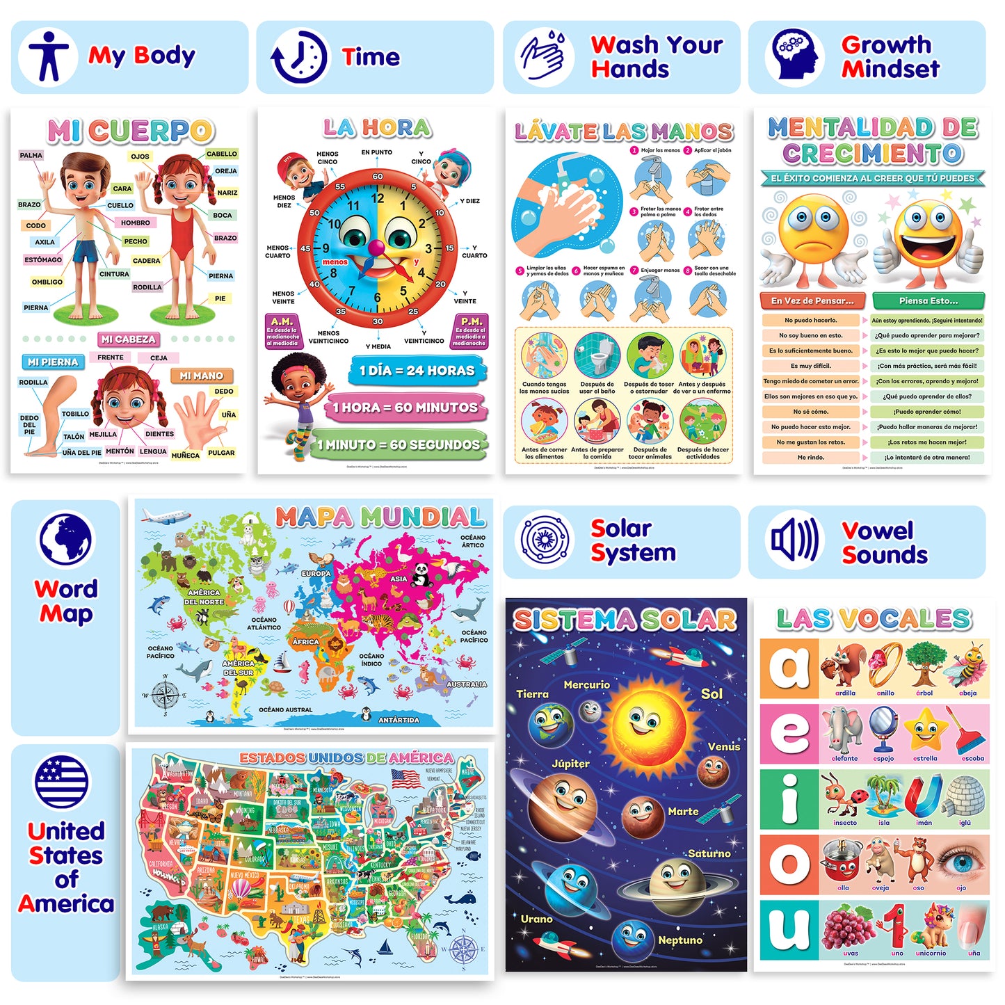 DeeDee's Workshop 16 Spanish Classroom Posters, Spanish Learning for Kids, Spanish Classroom Decorations, Abecedario para Niños en Español, Days of the Week Poster for Kids, Spanish Calendar