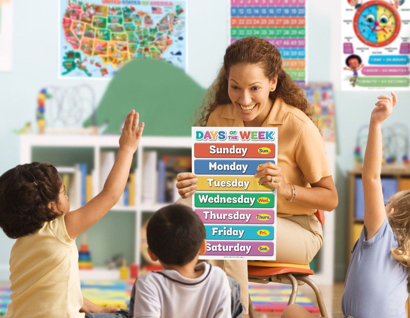 Teacher and students in a classroom with educational posters 
