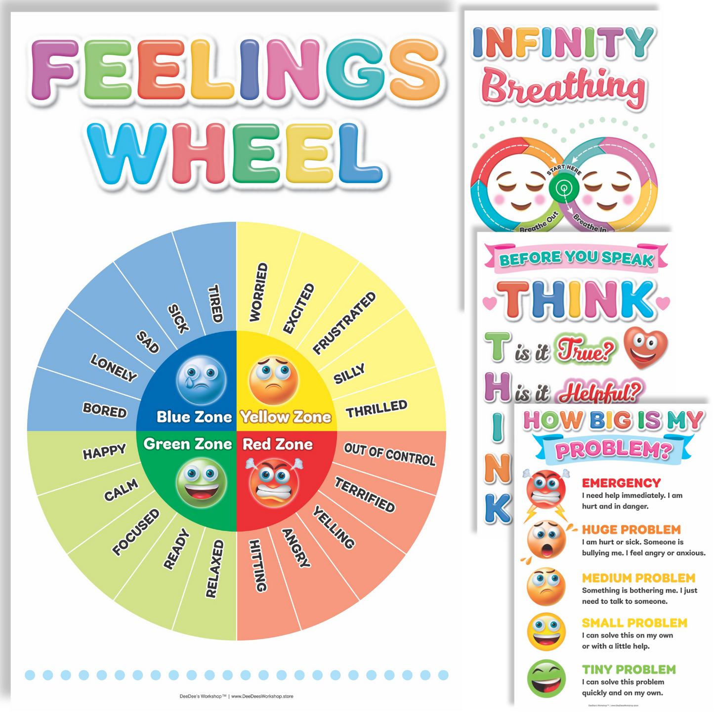 DeeDee's Workshop 4 Feelings Wheel Poster, Feelings Wheel for Kids, Emotion Wheel Chart, Emotion Wheel Poster, Set of 4 (11 x 17 inches)