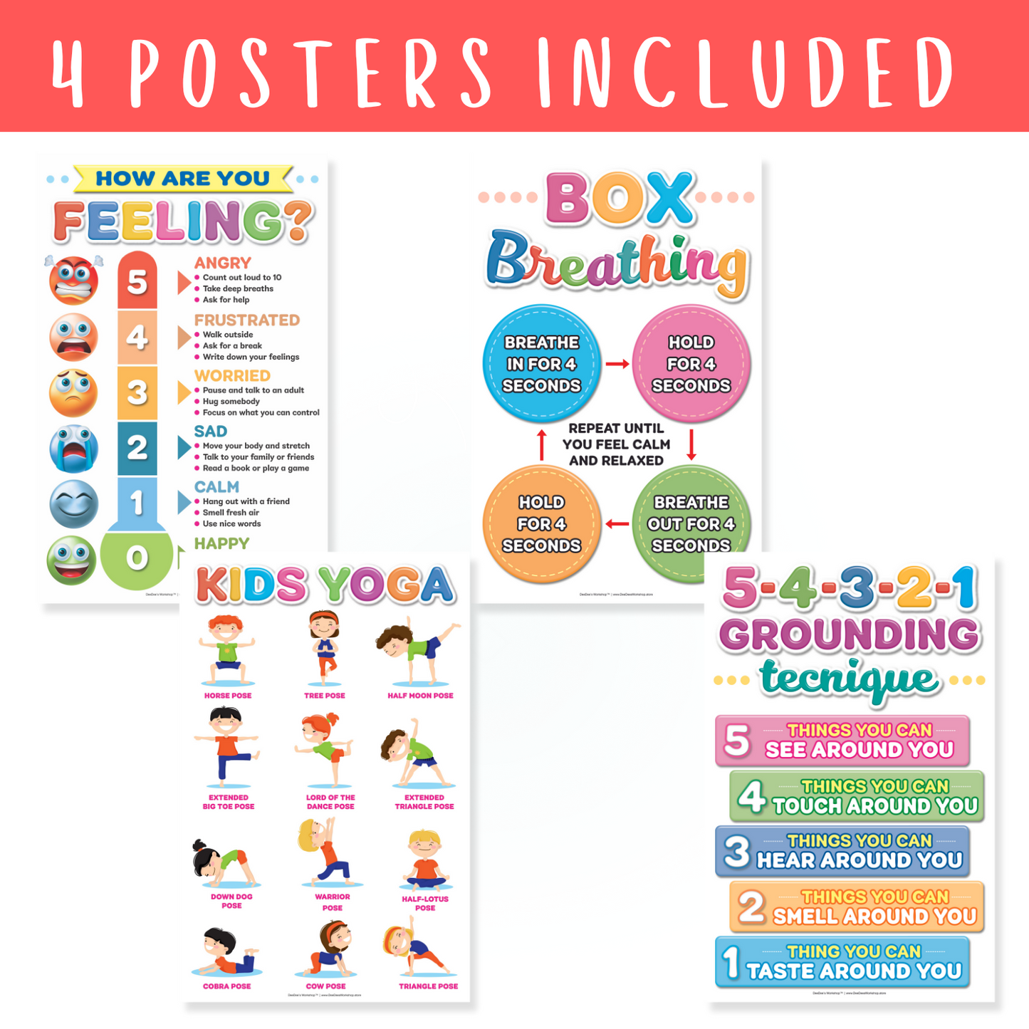 DeeDee's Workshop 4 Feelings Chart for Kids, Feelings Thermometer Poster, Feelings Posters, Emotions Poster, Calm Down Corner Poster, Autism Sensory Products, Set of 4 (11 x 17 inches)