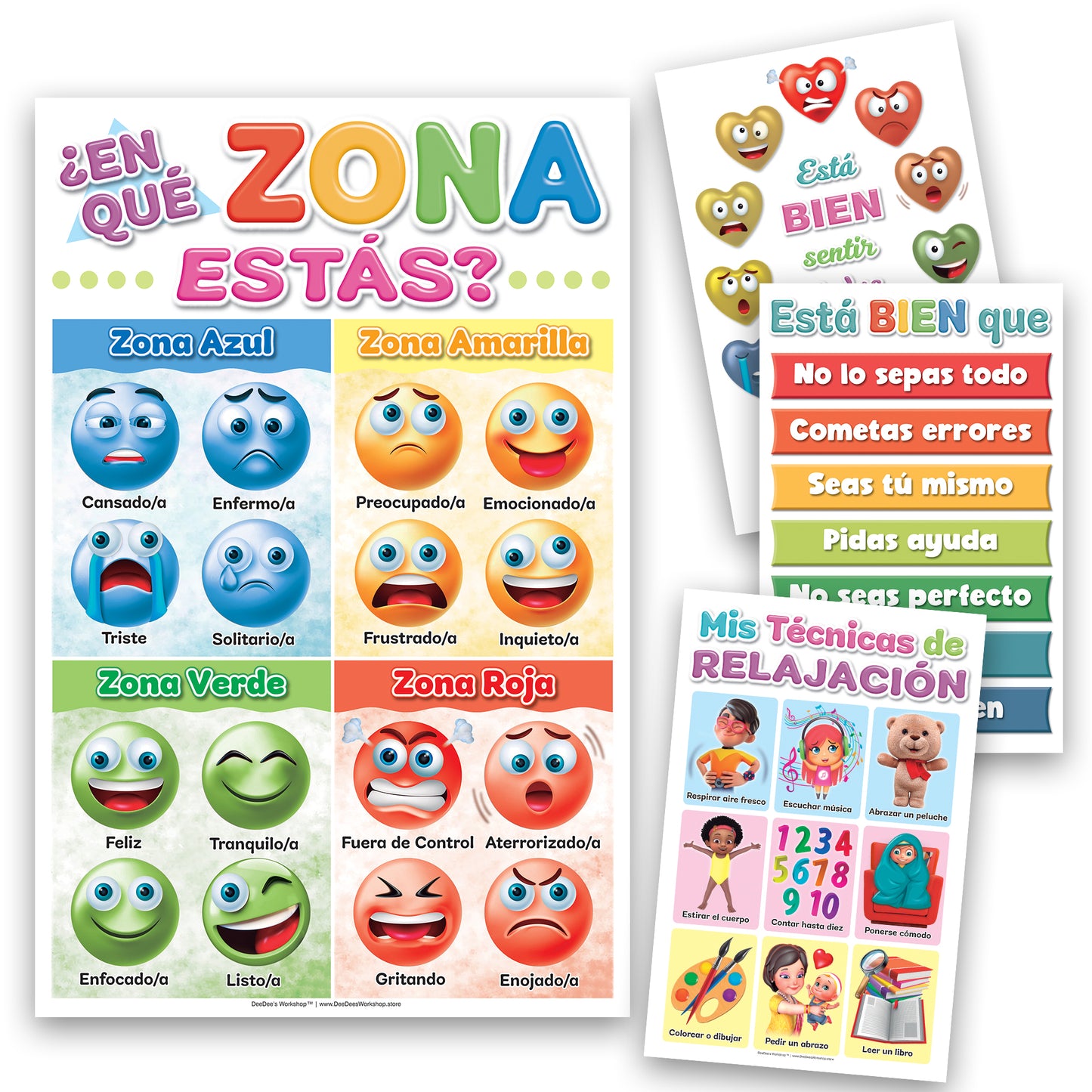 DeeDee's Workshop 4 Spanish Feelings Posters, Preschool Feelings Chart, Emotions Poster, Calm Down Corner Supplies, Feelings Chart For Kids, Set of 4 (11 x 17 inches)