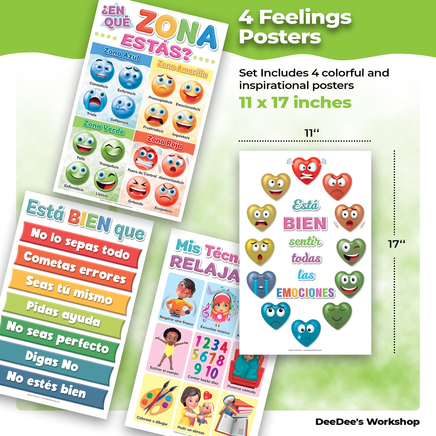 DeeDee's Workshop 4 Spanish Feelings Posters, Preschool Feelings Chart, Emotions Poster, Calm Down Corner Supplies, Feelings Chart For Kids, Set of 4 (11 x 17 inches)