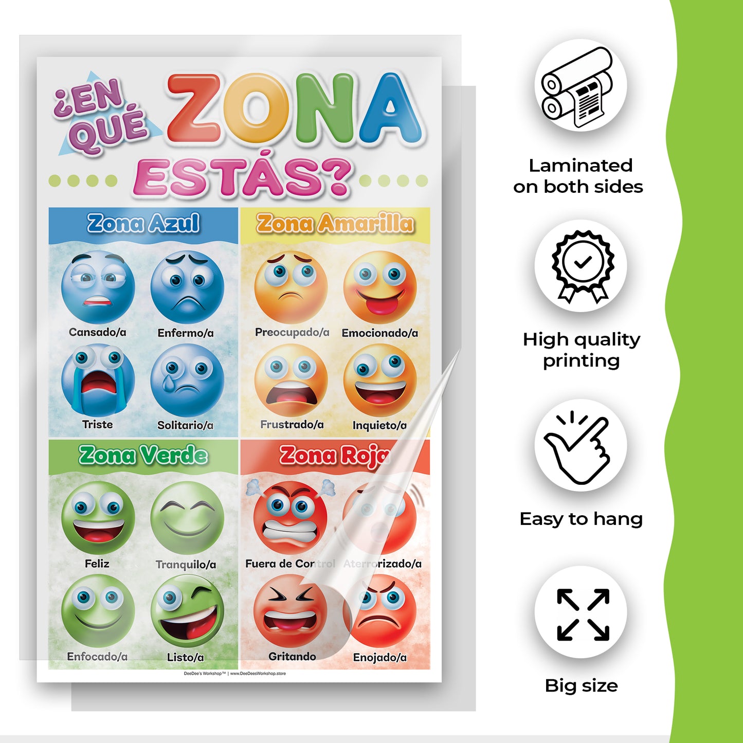 DeeDee's Workshop 4 Spanish Feelings Posters, Preschool Feelings Chart, Emotions Poster, Calm Down Corner Supplies, Feelings Chart For Kids, Set of 4 (11 x 17 inches)