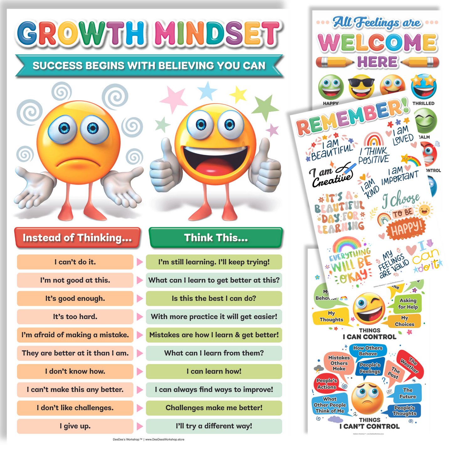 DeeDee's Workshop 4 Growth Mindset Posters for Classroom, Motivational Posters, Affirmation Station Classroom, Inspirational Posters, Self Esteem, Set of 4 (11 x 17 inches)