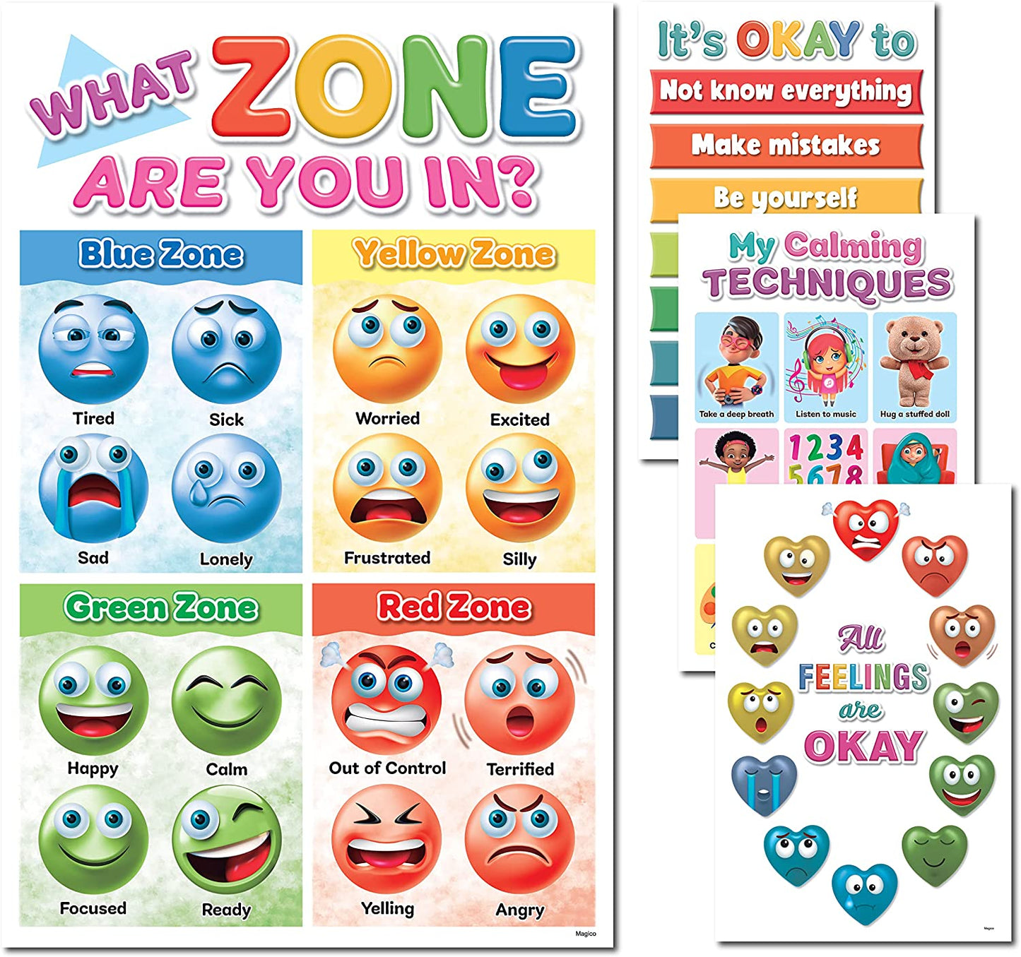 DeeDee's Workshop 4 Feelings Chart For Kids Classroom Posters, Calm Down Corner Supplies, Preschool Classroom Must Haves, ADHD Tools For Kids, Laminated Feeling Chart, 4 Count (11 x 17 inches)