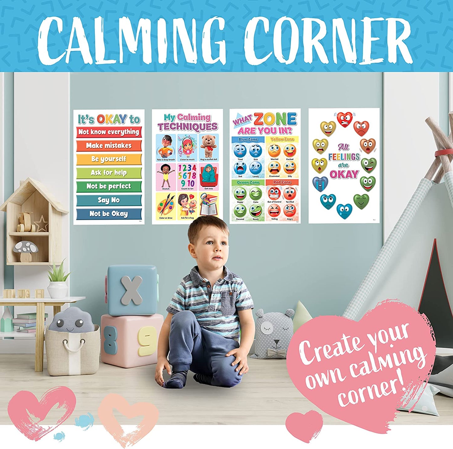 DeeDee's Workshop 4 Feelings Chart For Kids Classroom Posters, Calm Down Corner Supplies, Preschool Classroom Must Haves, ADHD Tools For Kids, Laminated Feeling Chart, 4 Count (11 x 17 inches)